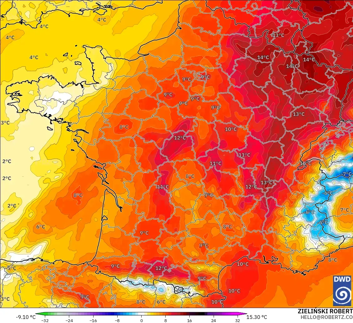 ICON modelo - França, Anomalia de temperatura a 850 hPa