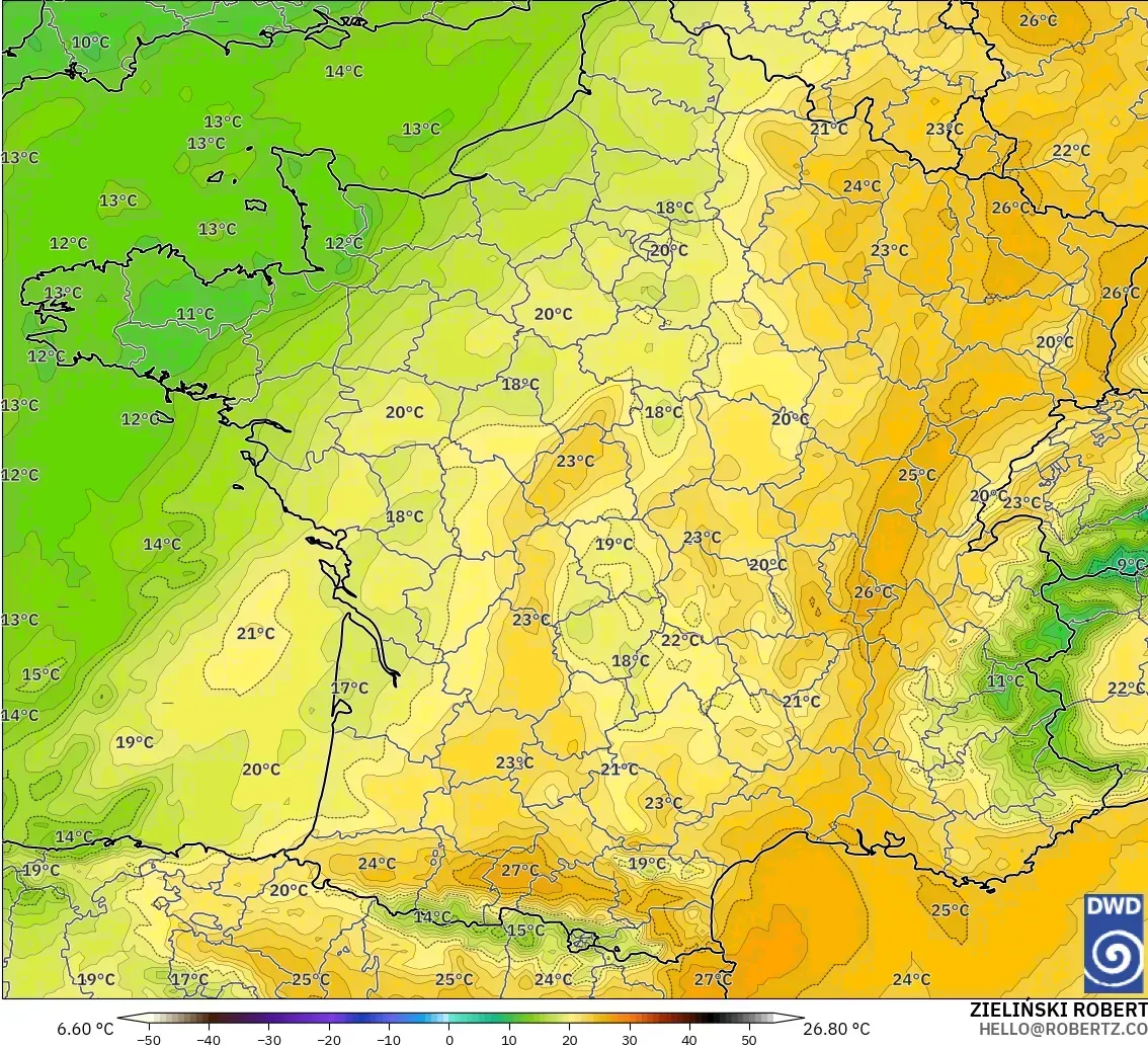 ICON modelo - França, Temperatura a 850 hPa