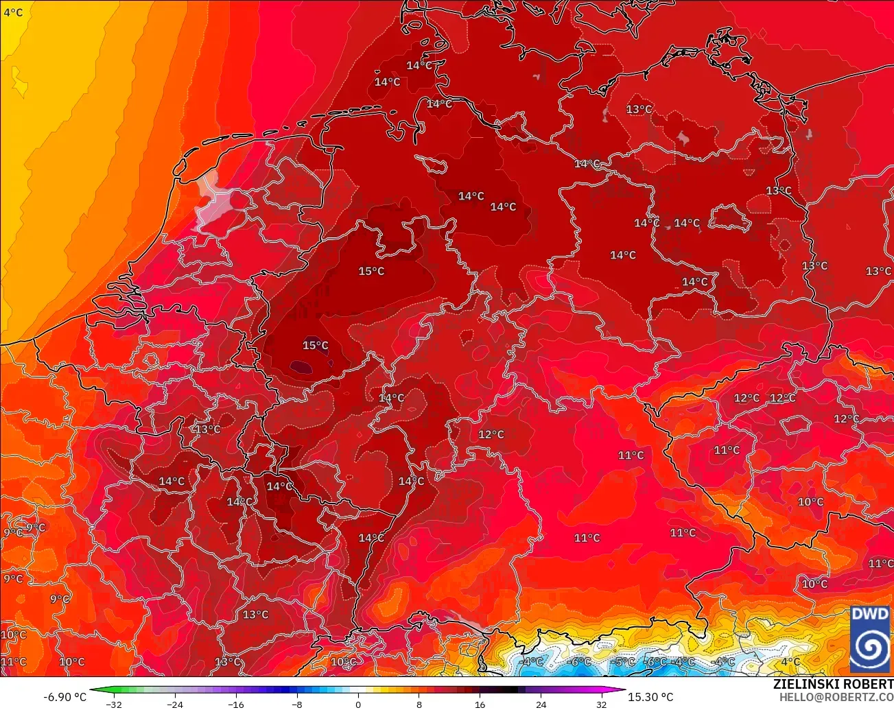 ICON modelo - Alemanha, Anomalia de temperatura a 850 hPa