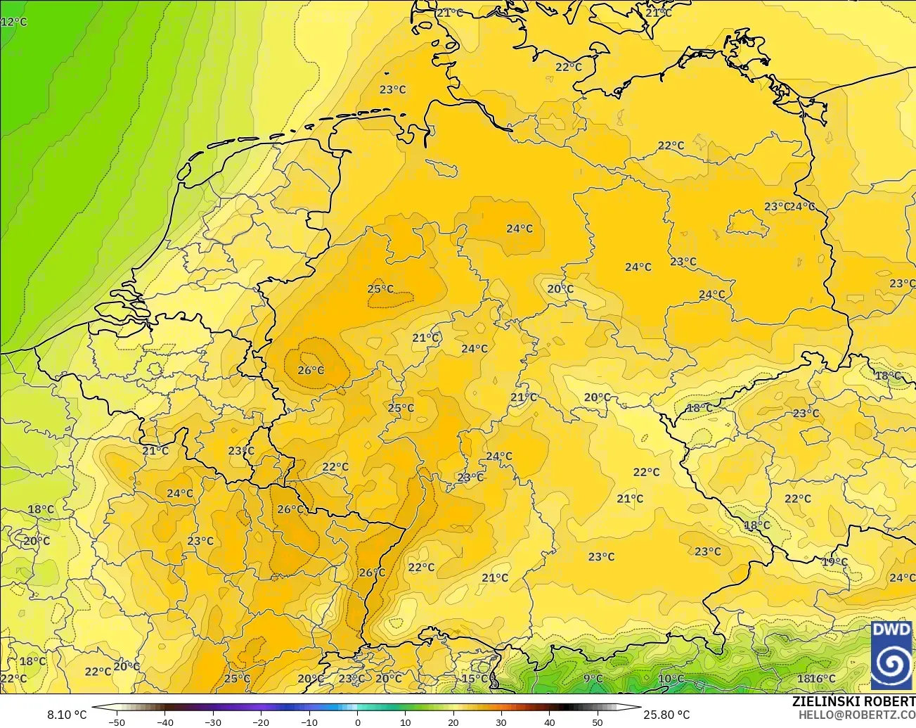 ICON modelo - Alemanha, Temperatura a 850 hPa
