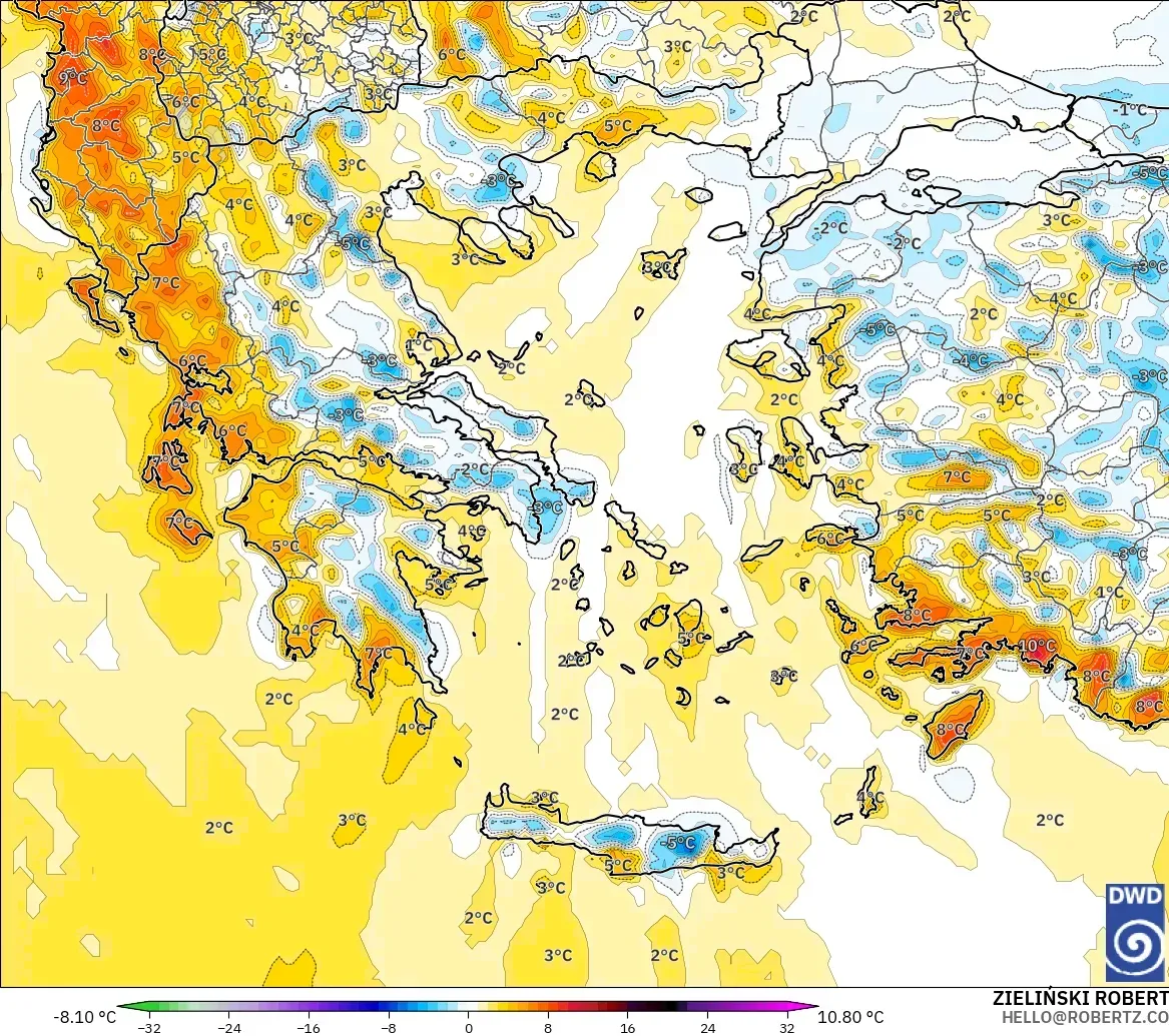 ICON modelo - Grécia, Anomalia de temperatura a 2 m