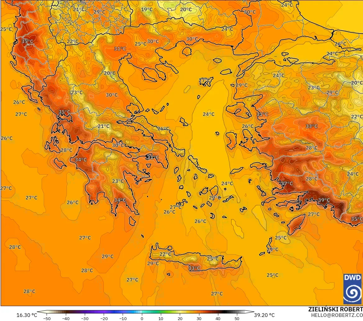 ICON modelo - Grécia, Temperatura a 2 m