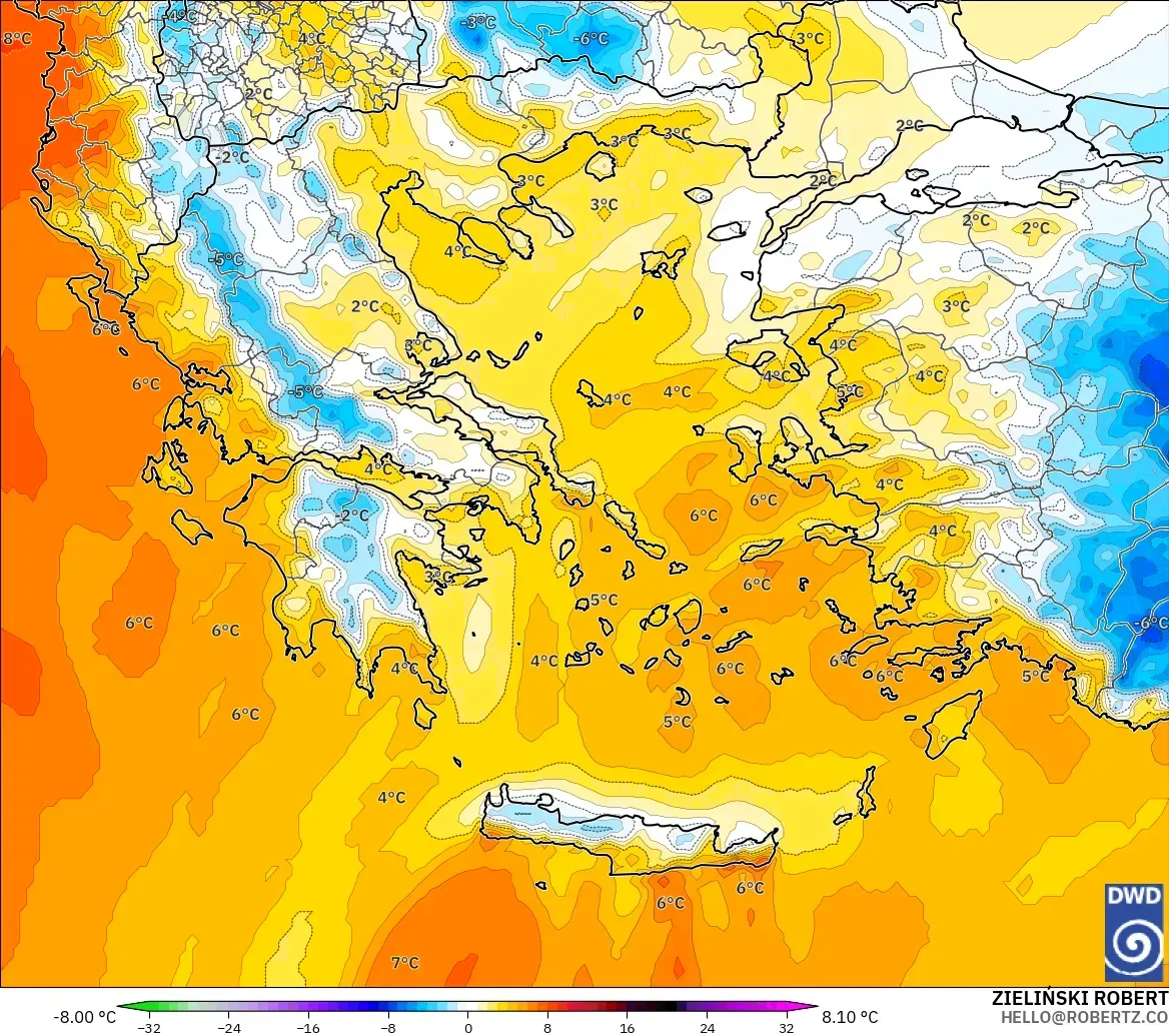 ICON modelo - Grécia, Anomalia de temperatura a 850 hPa