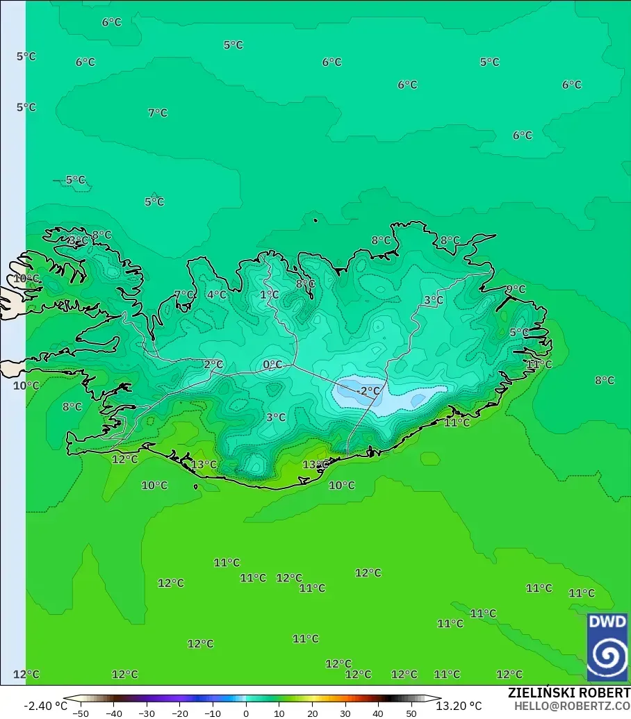 ICON modelo - Islândia, Temperatura a 2 m