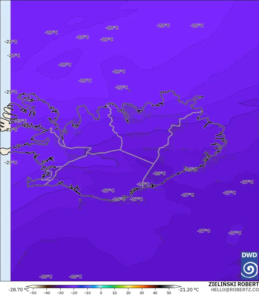 ICON modelo - Islândia, Temperatura a 500 hPa