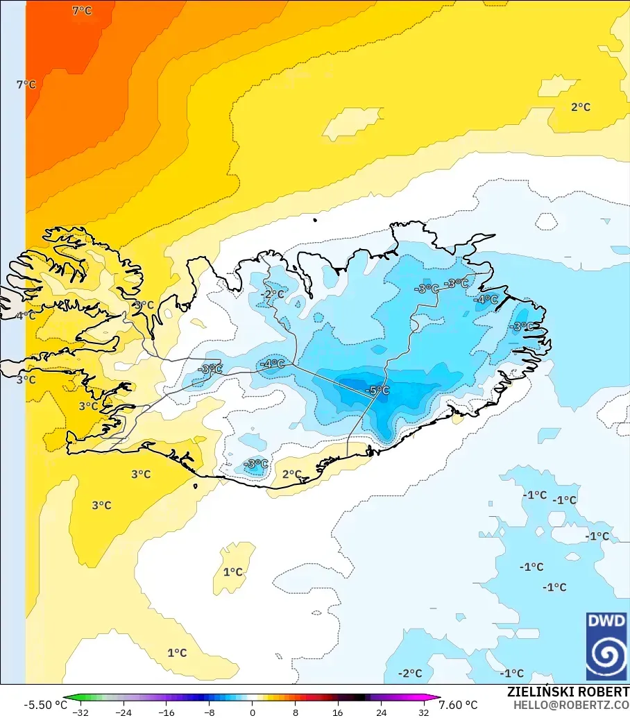 ICON modelo - Islândia, Anomalia de temperatura a 850 hPa