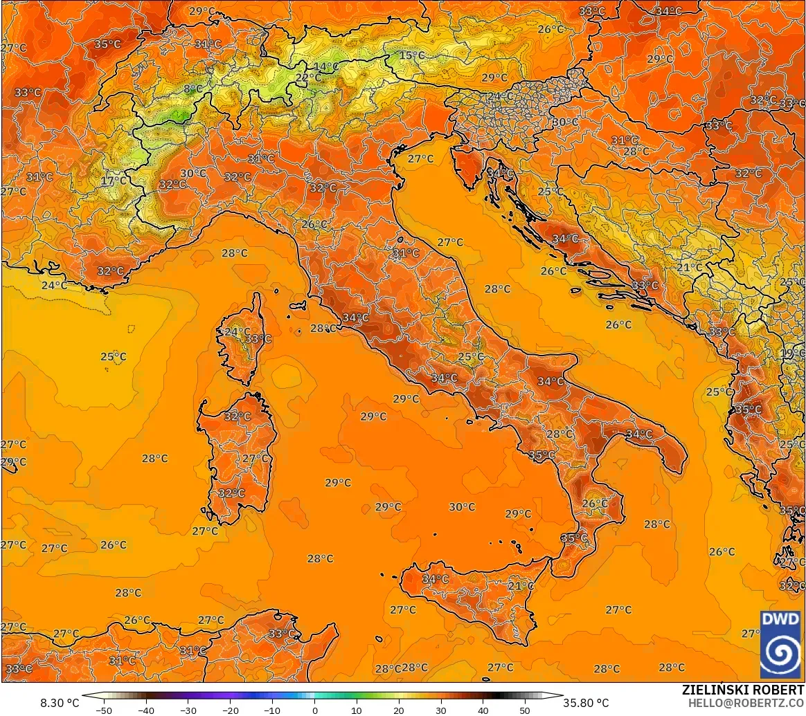 ICON modelo - Itália, Temperatura a 2 m