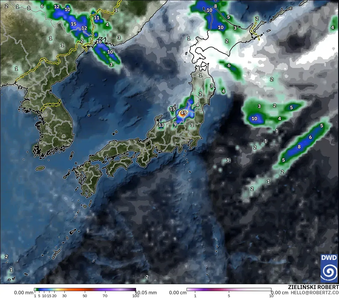 ICON modelo - Japão, Precipitação, nuvens e pressão