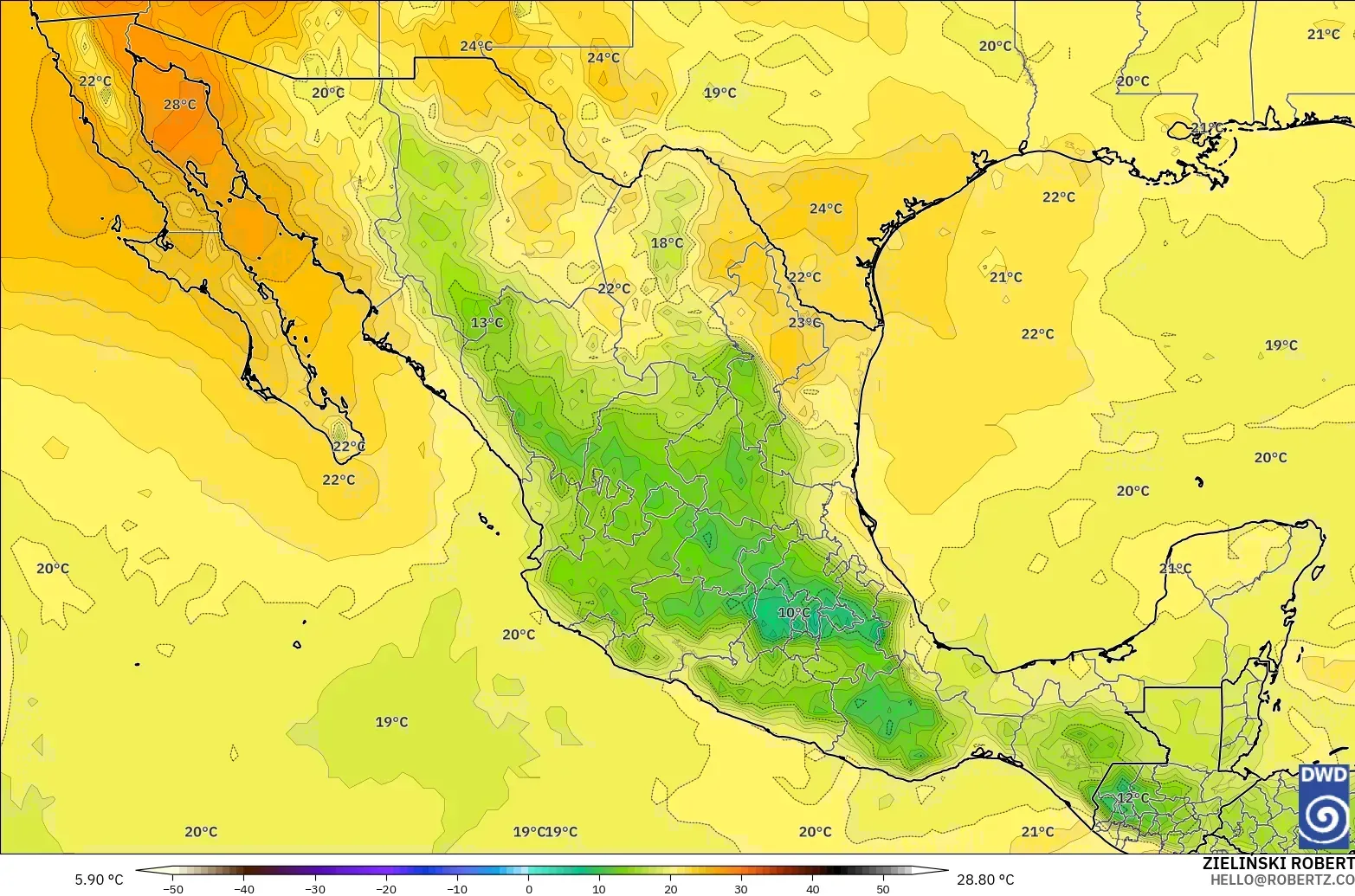 ICON modelo - México, Temperatura a 850 hPa
