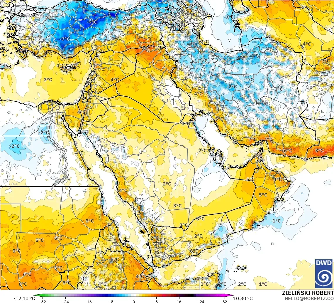ICON modelo - Oriente Médio, Anomalia de temperatura a 2 m