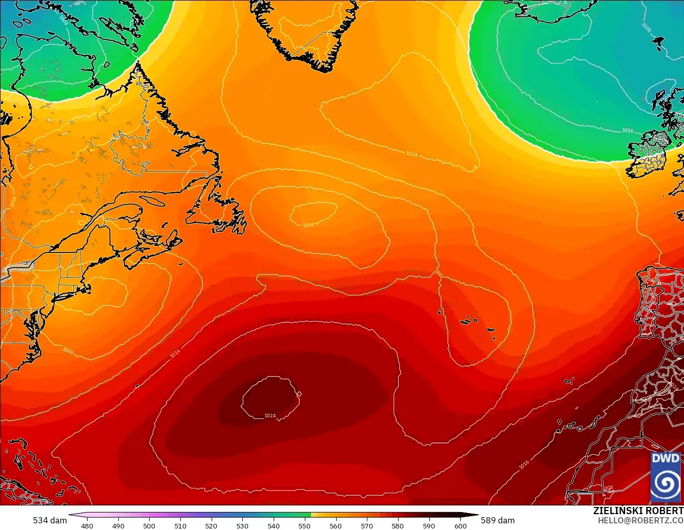 ICON modelo - Atlântico Norte, Altura geopotencial a 500 hPa