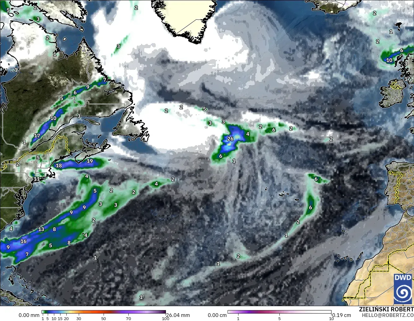 ICON modelo - Atlântico Norte, Precipitação, nuvens e pressão