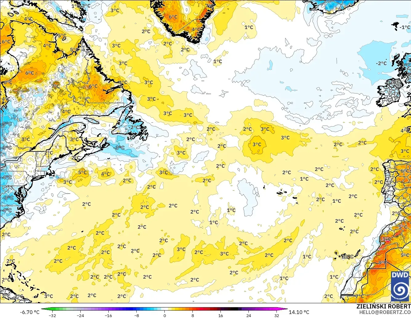 ICON modelo - Atlântico Norte, Anomalia de temperatura a 2 m