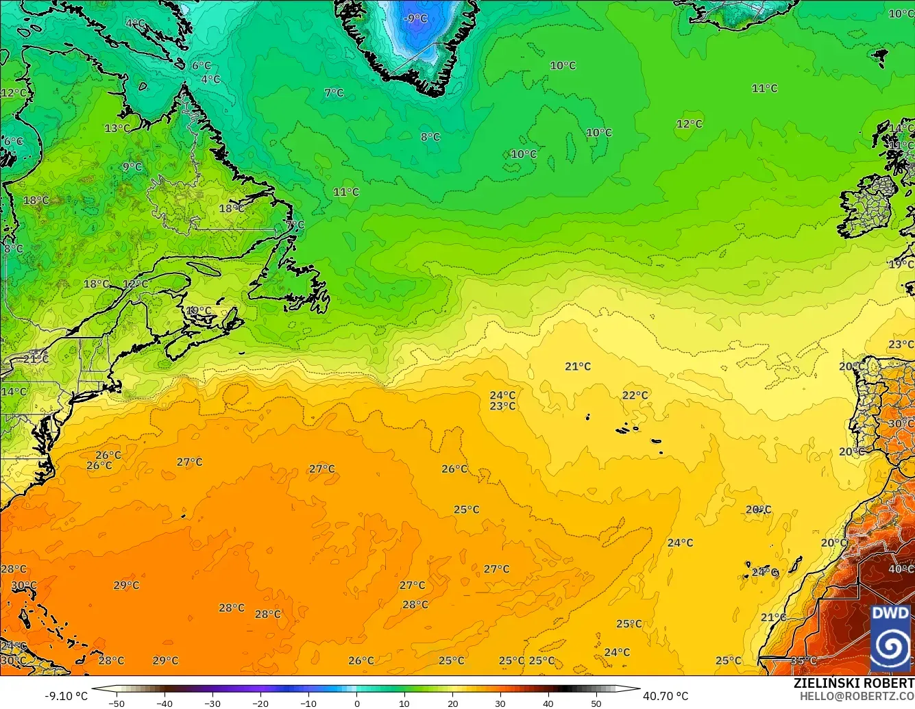 ICON modelo - Atlântico Norte, Temperatura a 2 m