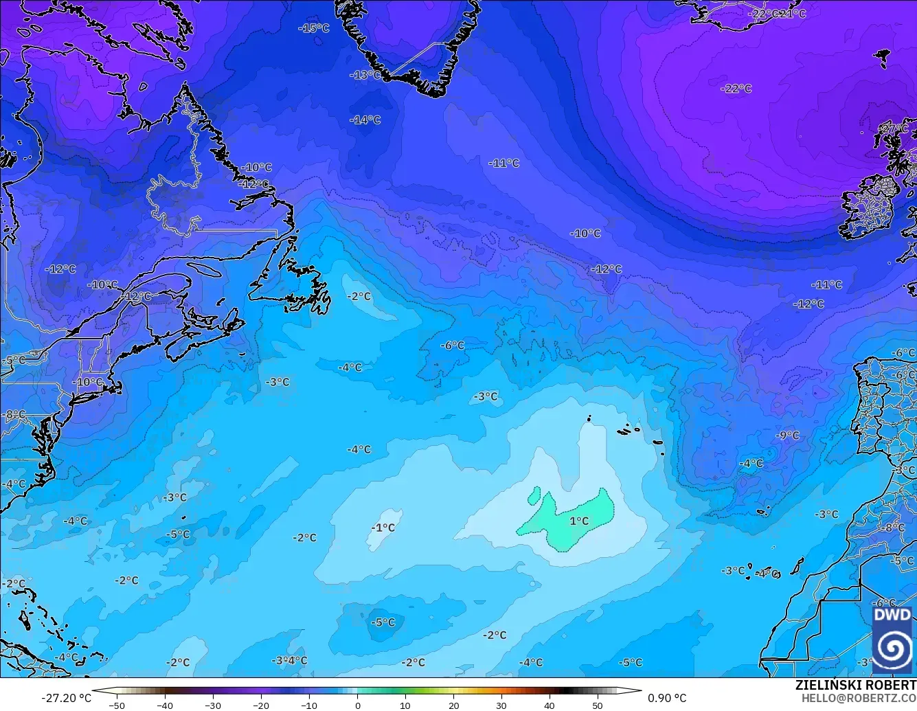 ICON modelo - Atlântico Norte, Temperatura a 500 hPa