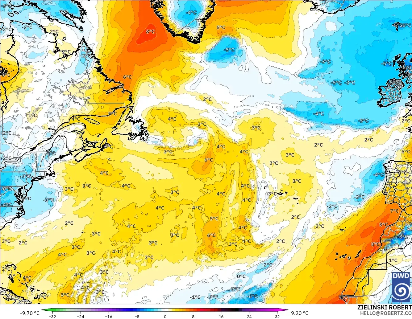 ICON modelo - Atlântico Norte, Anomalia de temperatura a 850 hPa