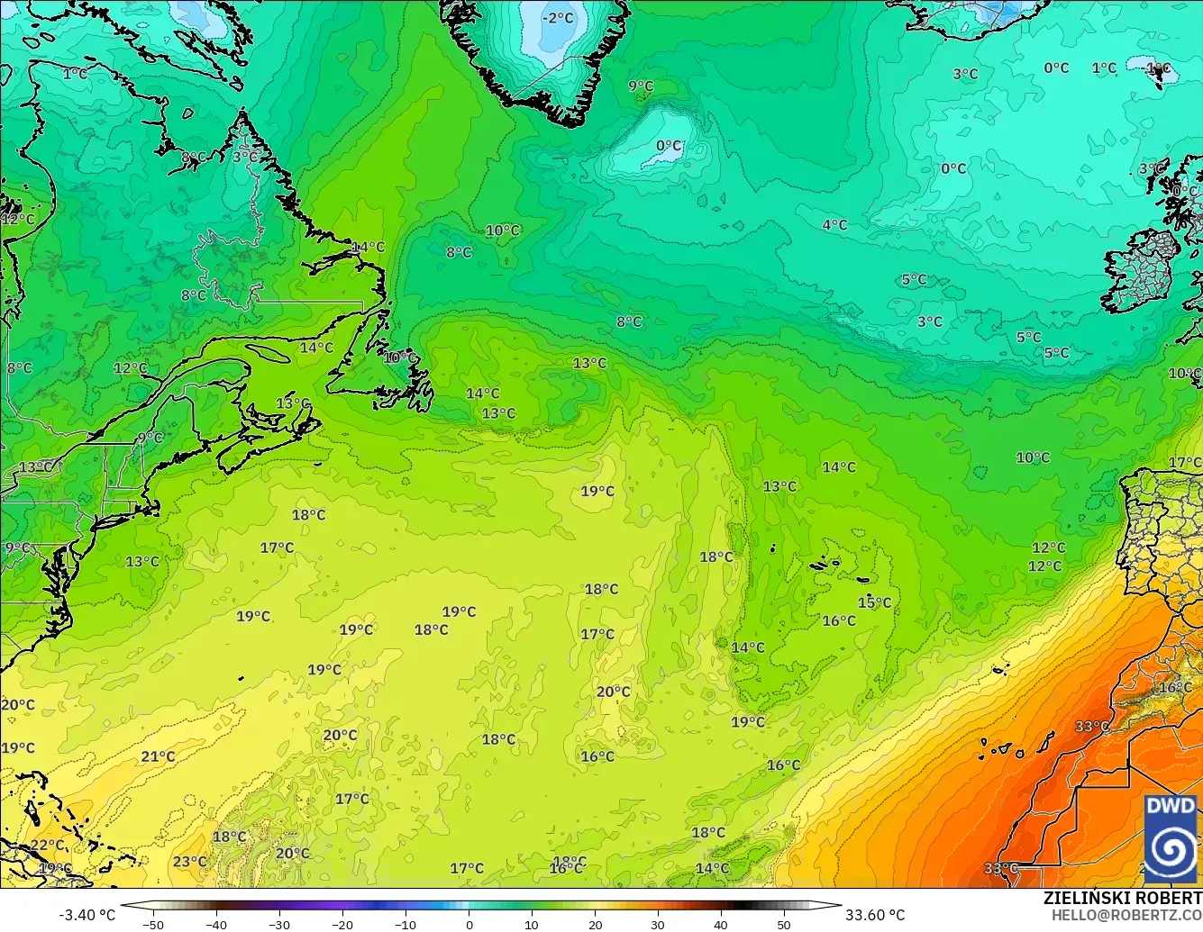 ICON modelo - Atlântico Norte, Temperatura a 850 hPa