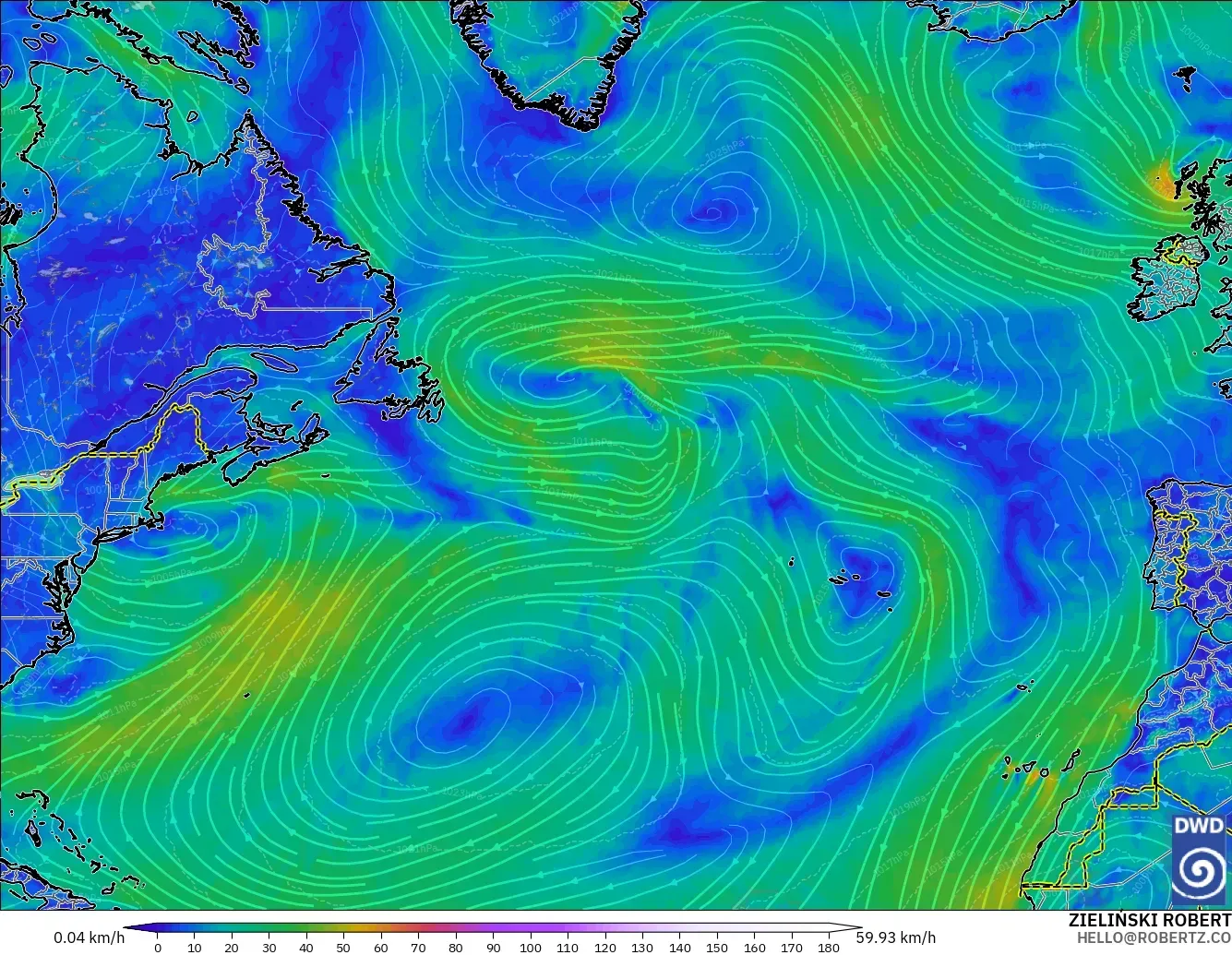 ICON modelo - Atlântico Norte, Vento a 10 m