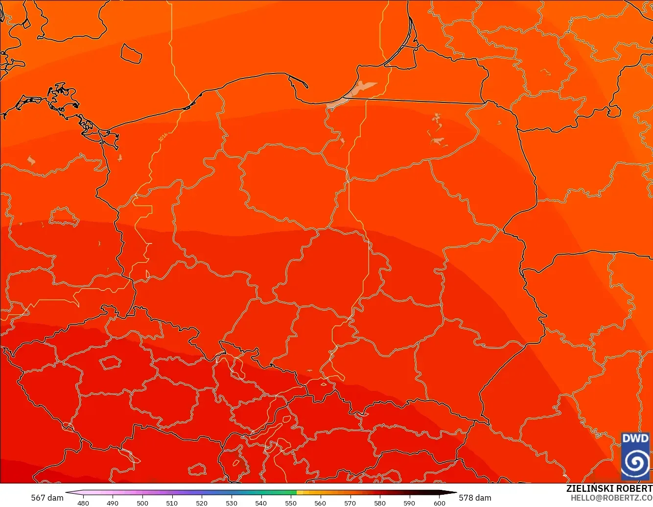 ICON modelo - Polônia, Altura geopotencial a 500 hPa