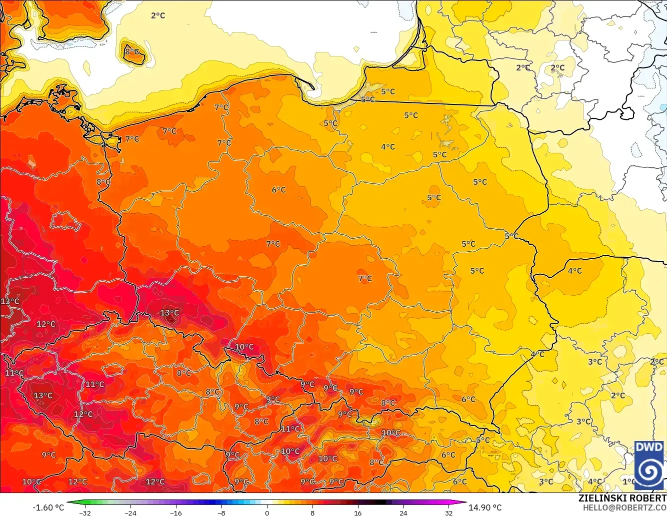 ICON modelo - Polônia, Anomalia de temperatura a 2 m