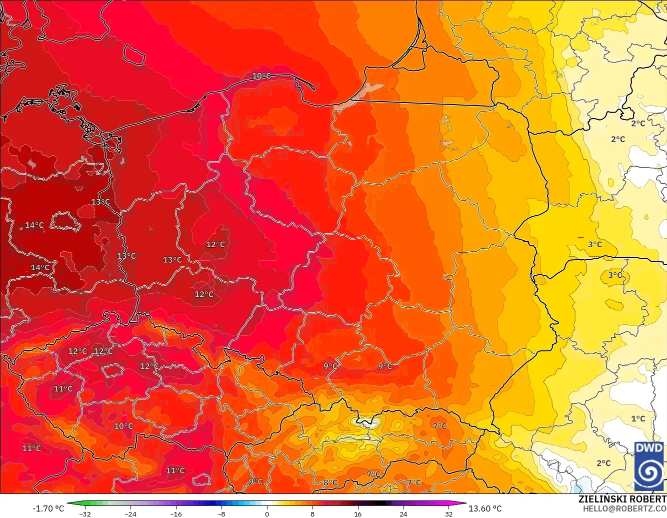 ICON modelo - Polônia, Anomalia de temperatura a 850 hPa