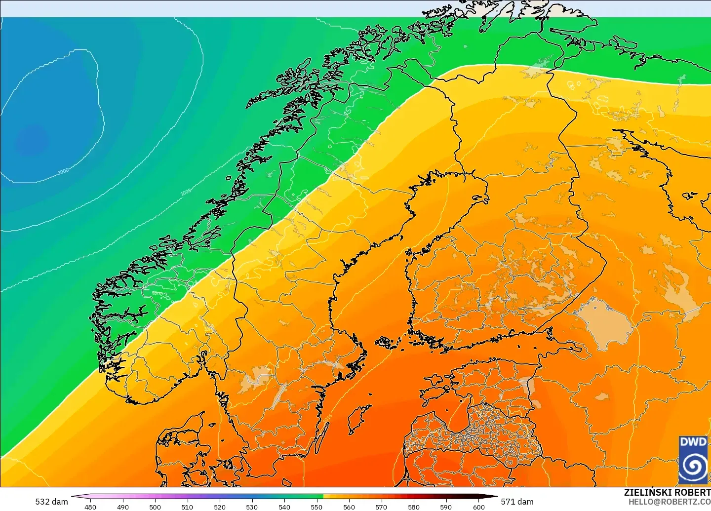 ICON modelo - Escandinávia, Altura geopotencial a 500 hPa