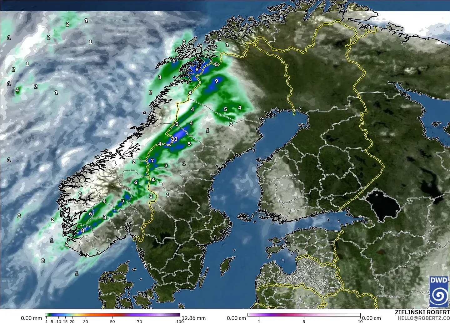 ICON modelo - Escandinávia, Precipitação, nuvens e pressão