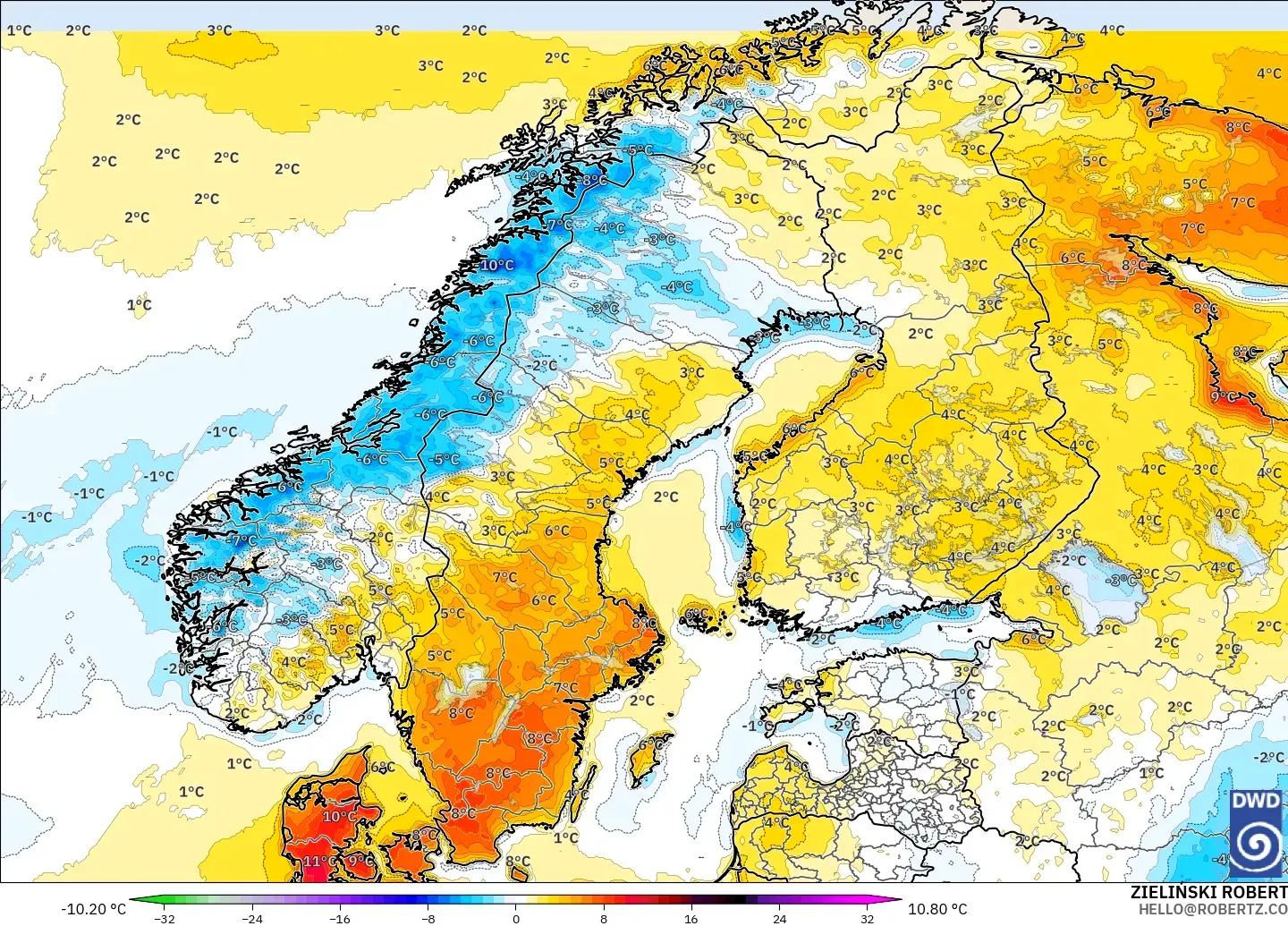 ICON modelo - Escandinávia, Anomalia de temperatura a 2 m