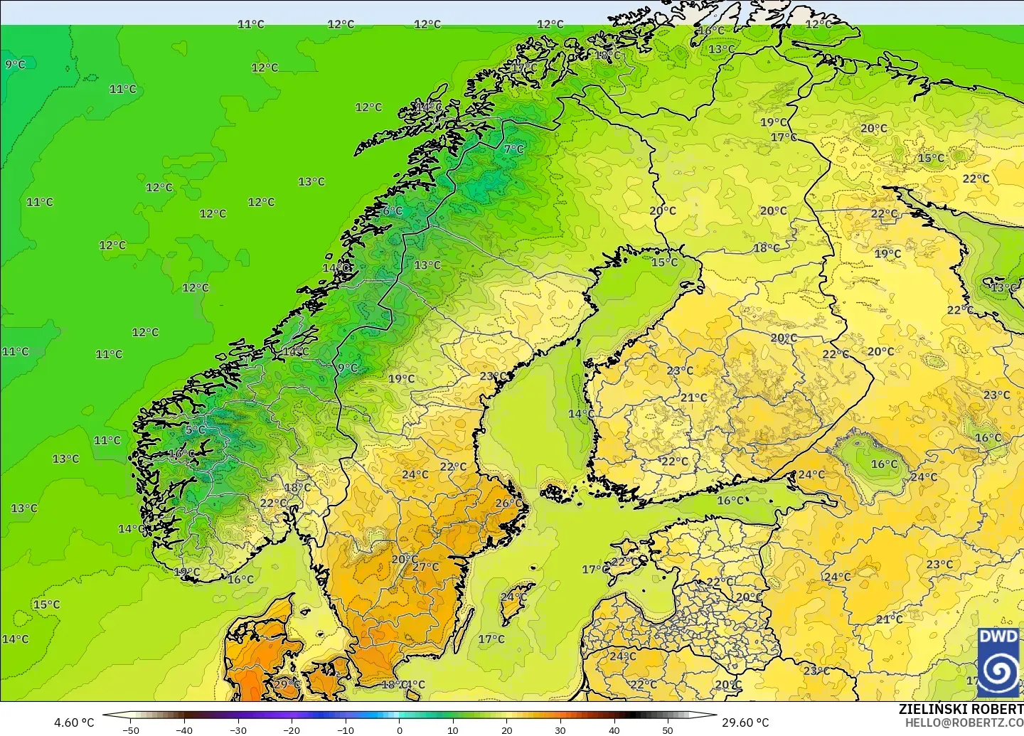 ICON modelo - Escandinávia, Temperatura a 2 m