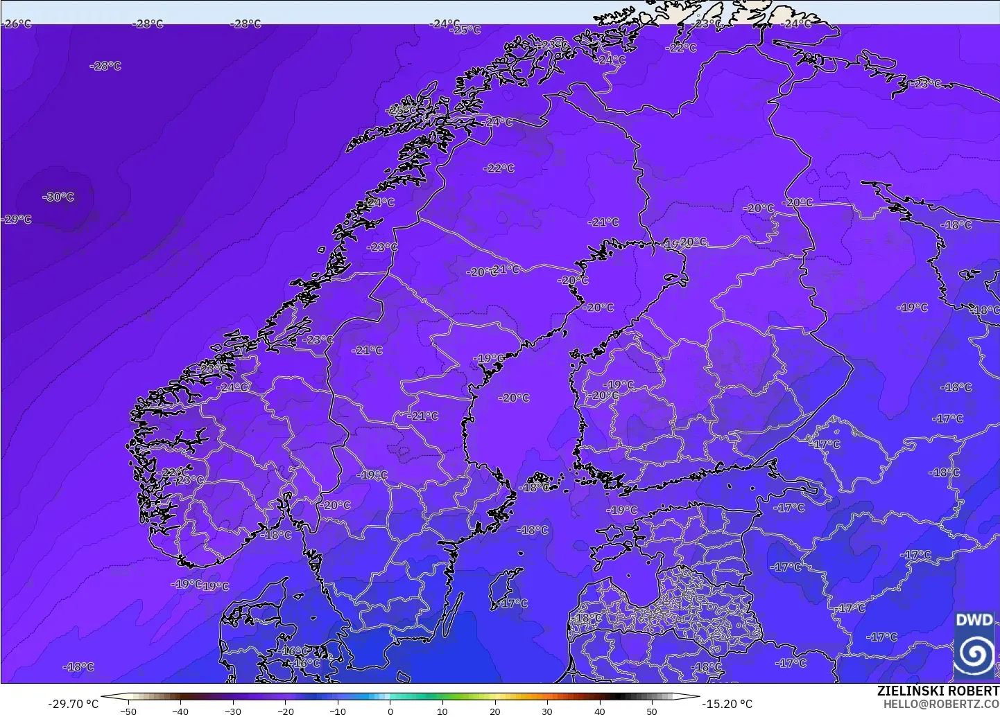 ICON modelo - Escandinávia, Temperatura a 500 hPa