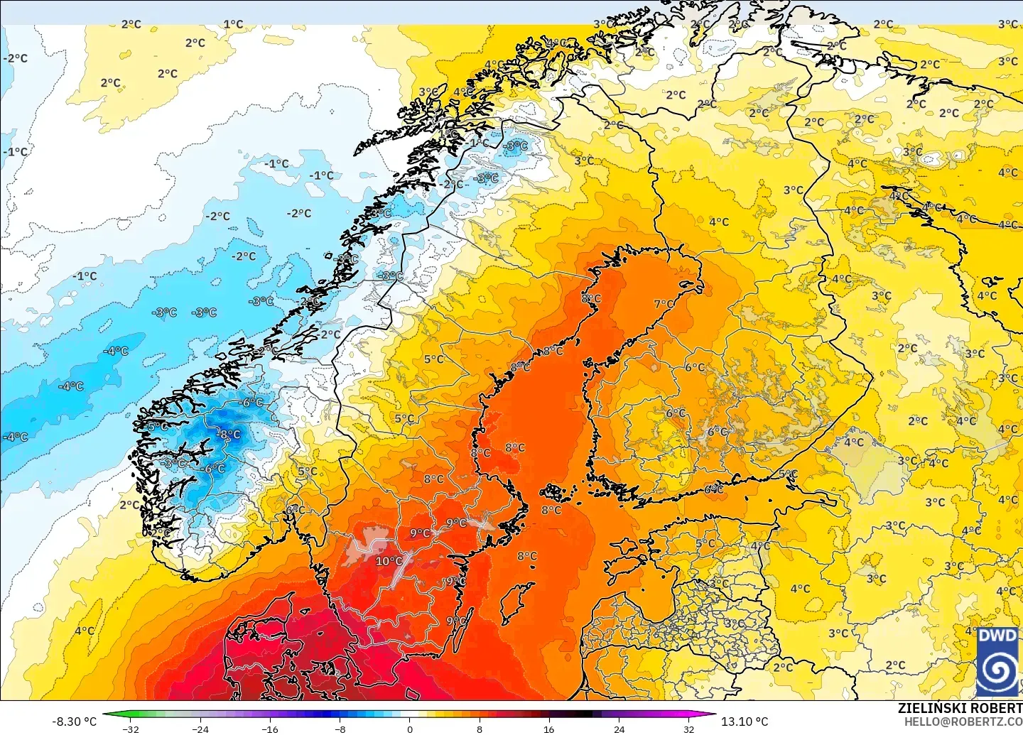 ICON modelo - Escandinávia, Anomalia de temperatura a 850 hPa