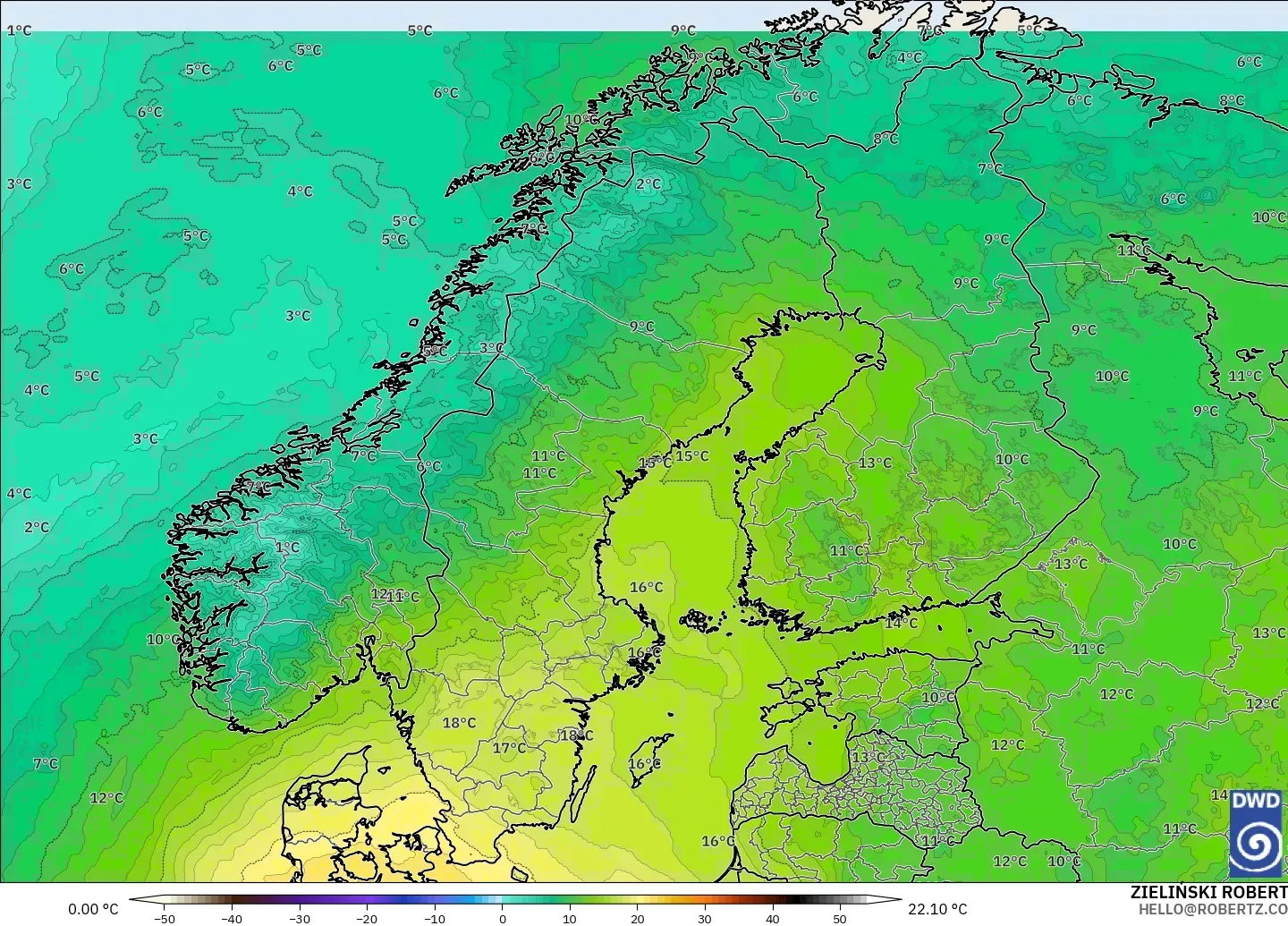 ICON modelo - Escandinávia, Temperatura a 850 hPa