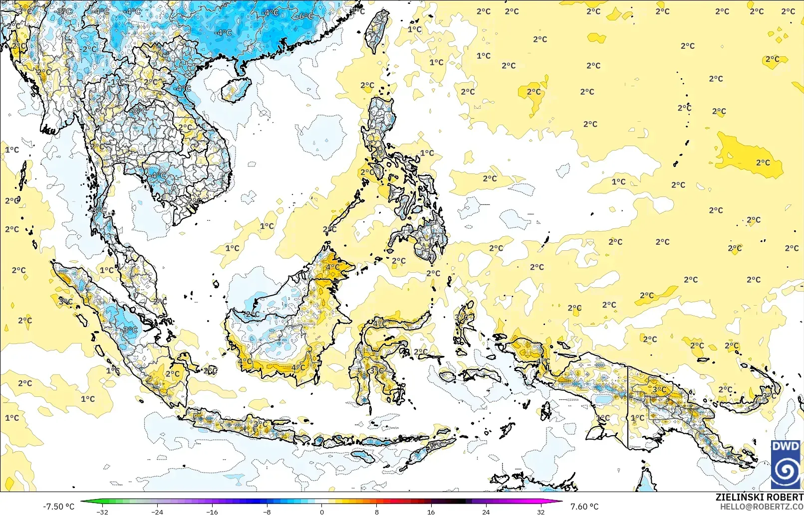 ICON modelo - Sudeste Asiático, Anomalia de temperatura a 2 m