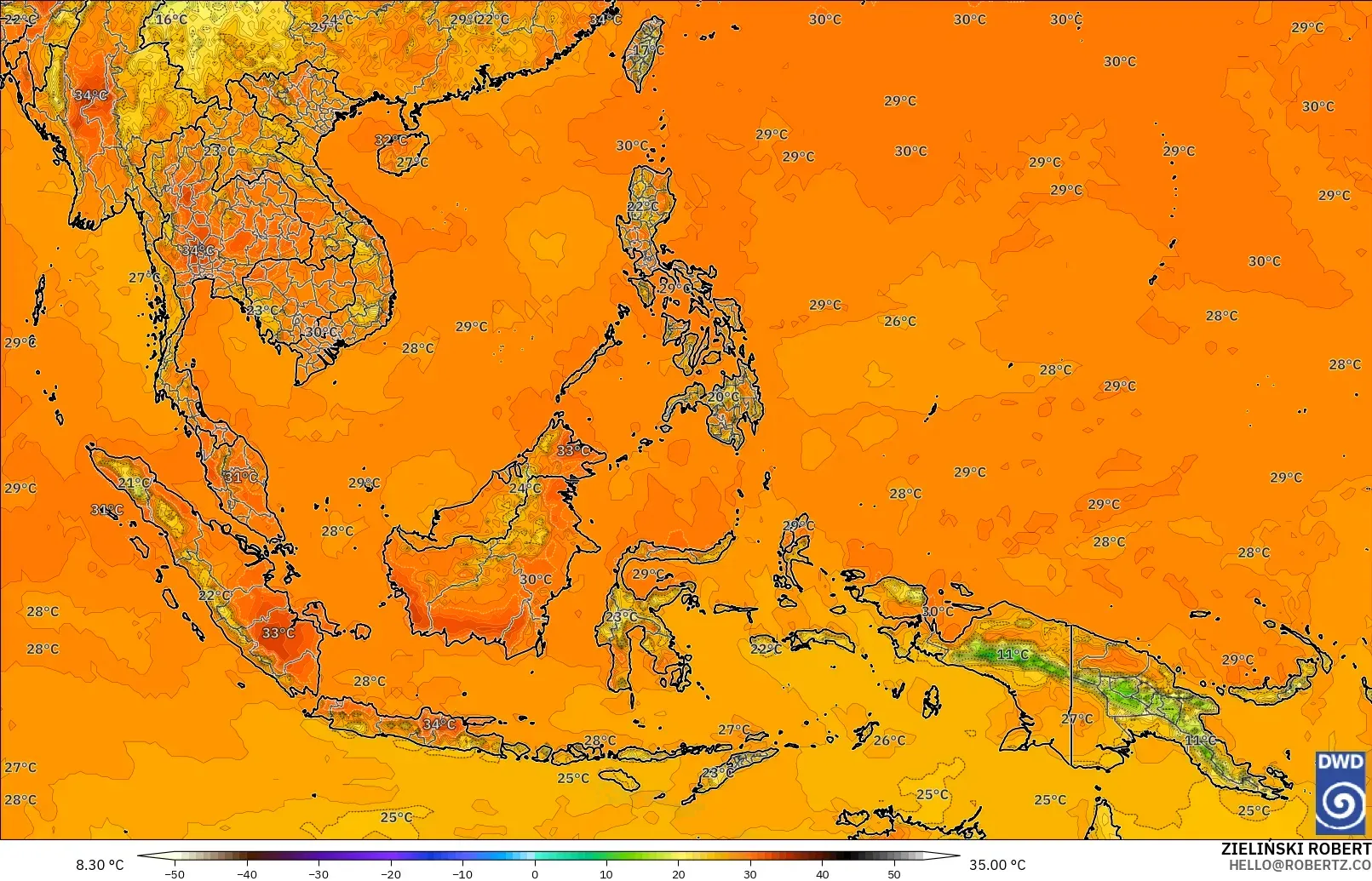 ICON modelo - Sudeste Asiático, Temperatura a 2 m
