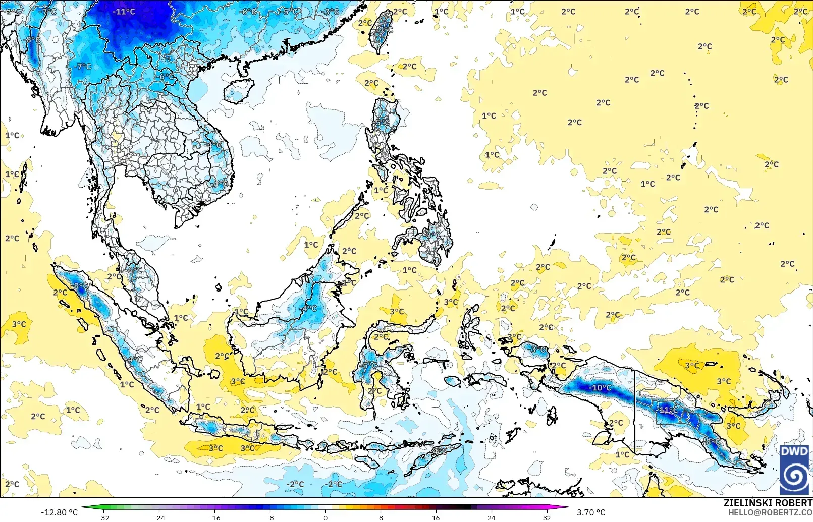 ICON modelo - Sudeste Asiático, Anomalia de temperatura a 850 hPa