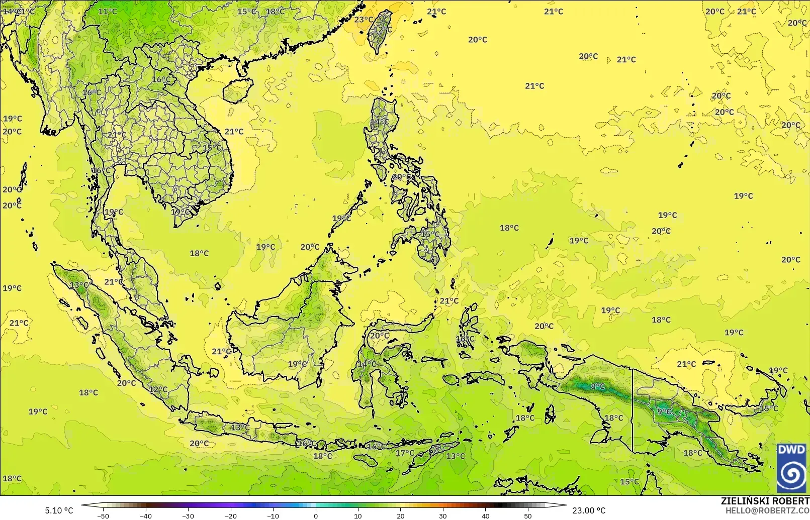 ICON modelo - Sudeste Asiático, Temperatura a 850 hPa