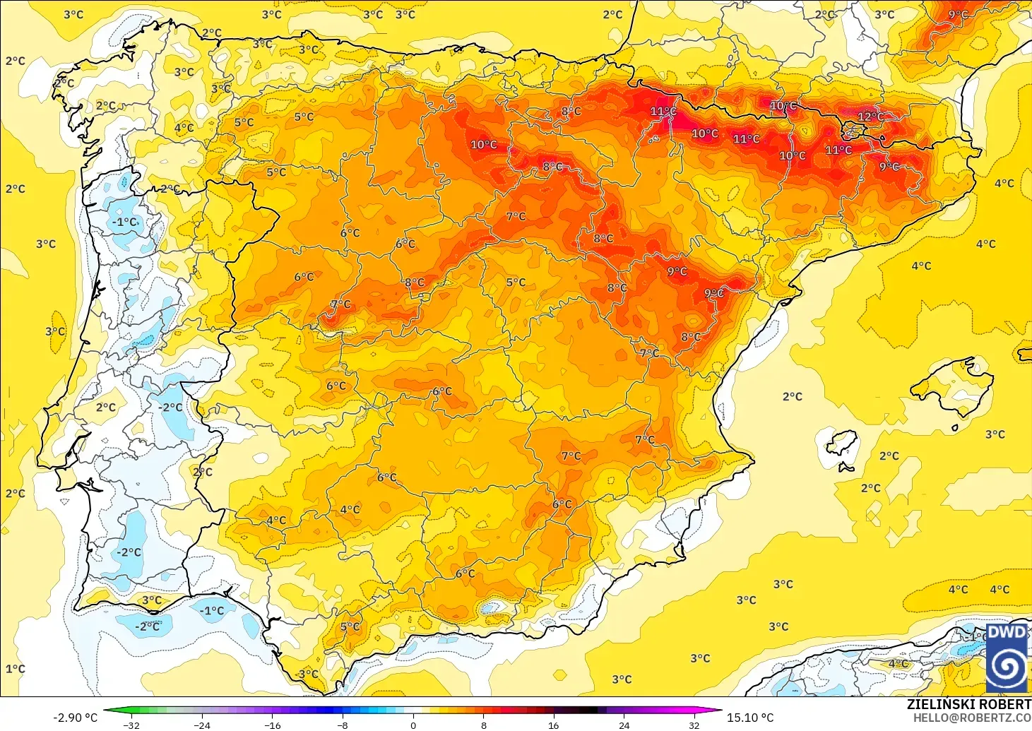ICON modelo - Espanha, Anomalia de temperatura a 2 m
