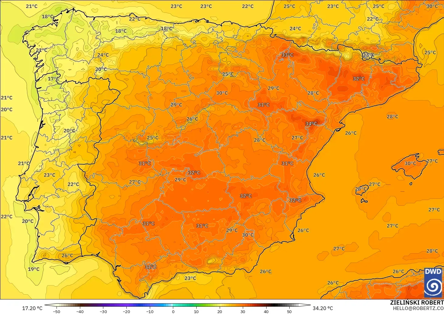 ICON modelo - Espanha, Temperatura a 2 m