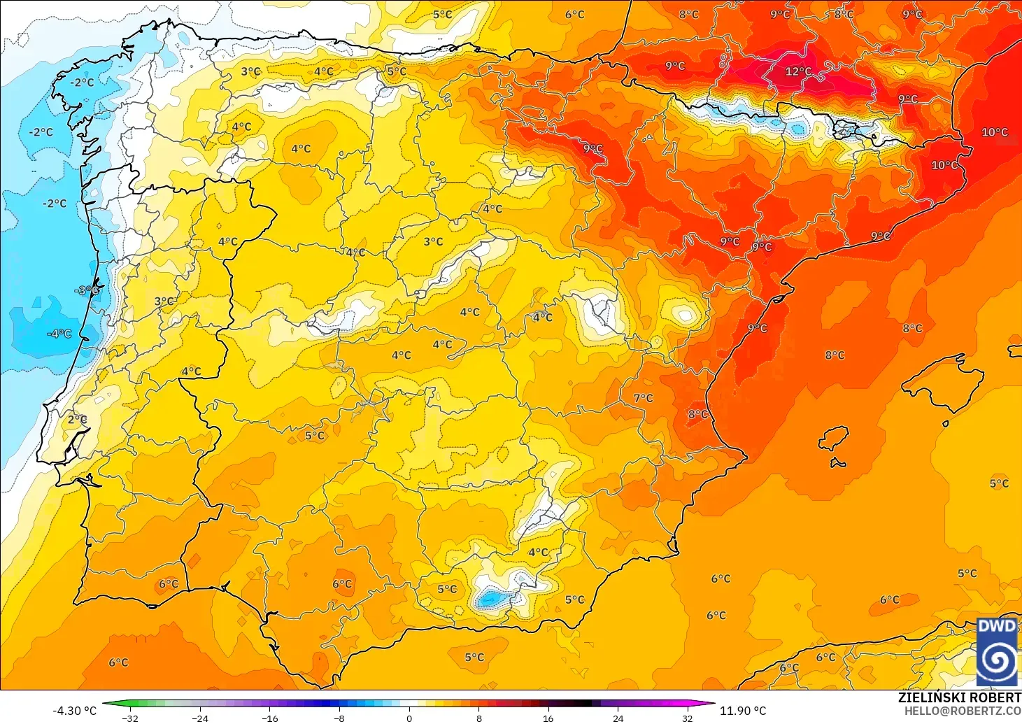 ICON modelo - Espanha, Anomalia de temperatura a 850 hPa