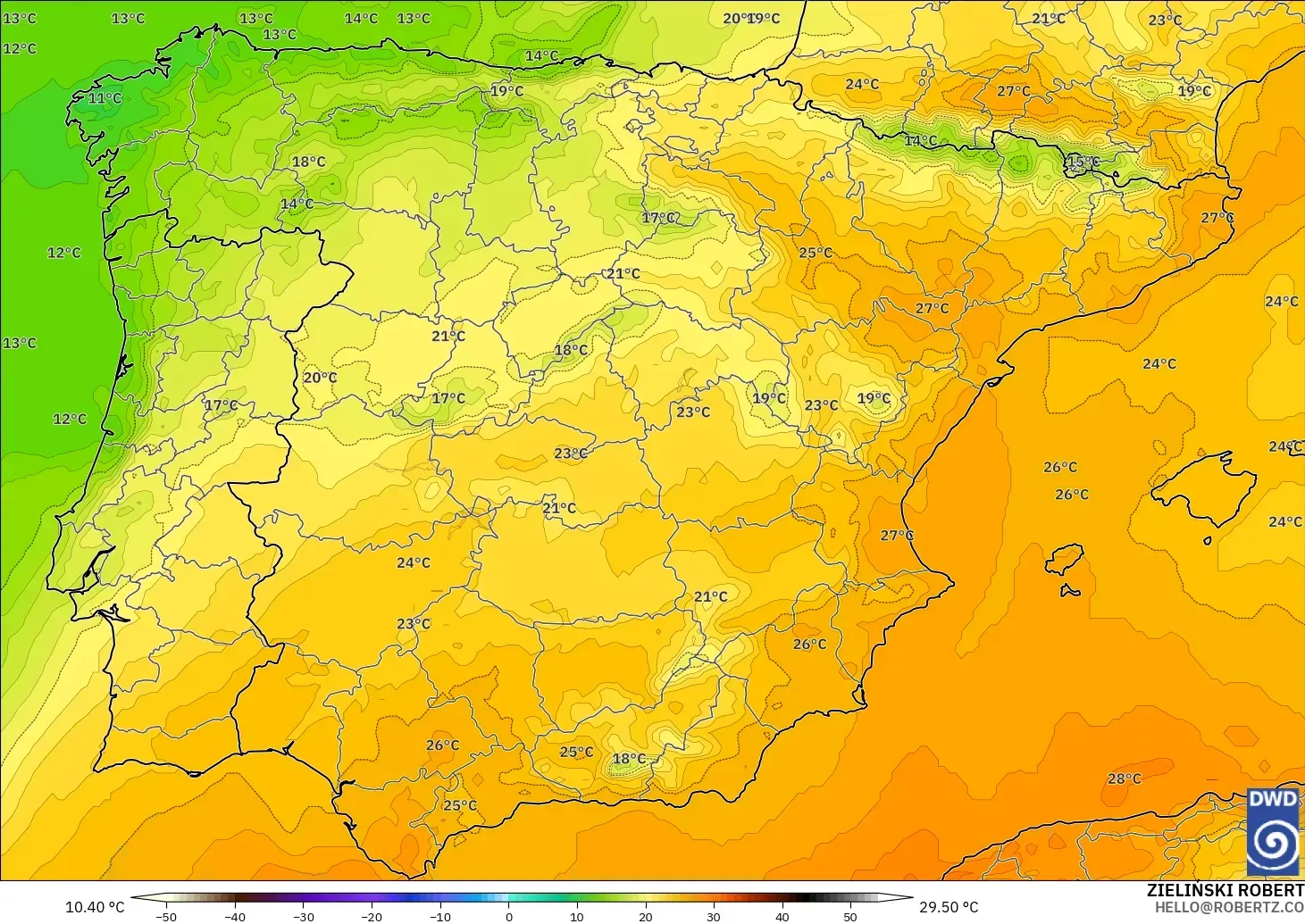 ICON modelo - Espanha, Temperatura a 850 hPa
