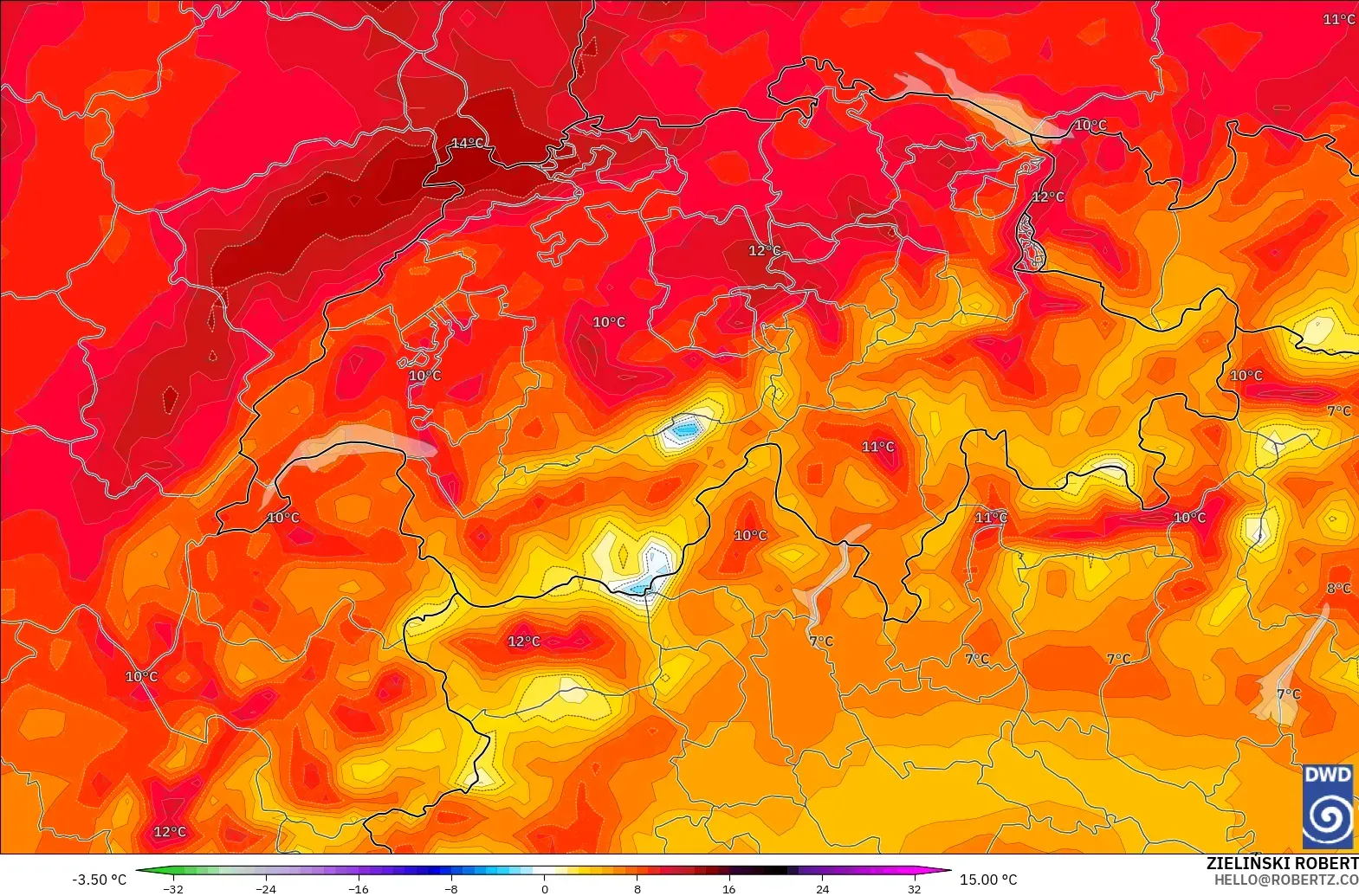 ICON modelo - Suíça, Anomalia de temperatura a 2 m