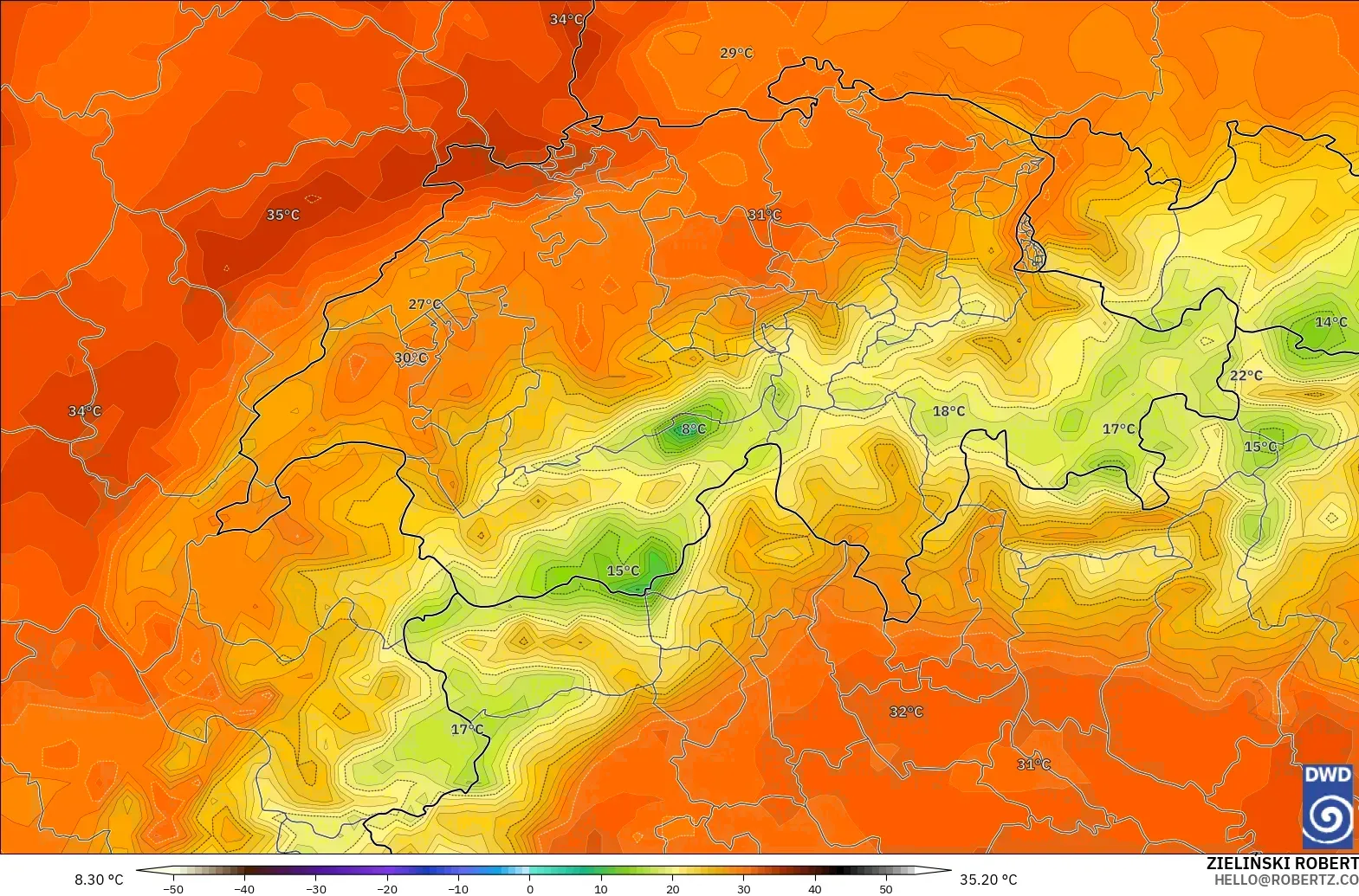 ICON modelo - Suíça, Temperatura a 2 m