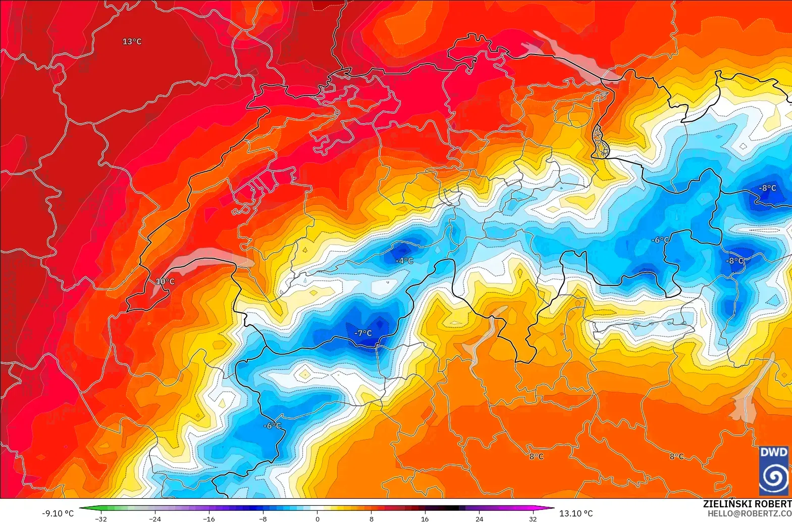 ICON modelo - Suíça, Anomalia de temperatura a 850 hPa