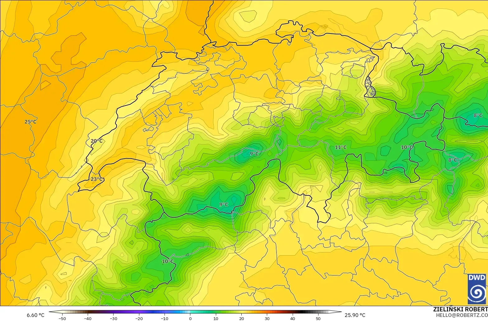 ICON modelo - Suíça, Temperatura a 850 hPa