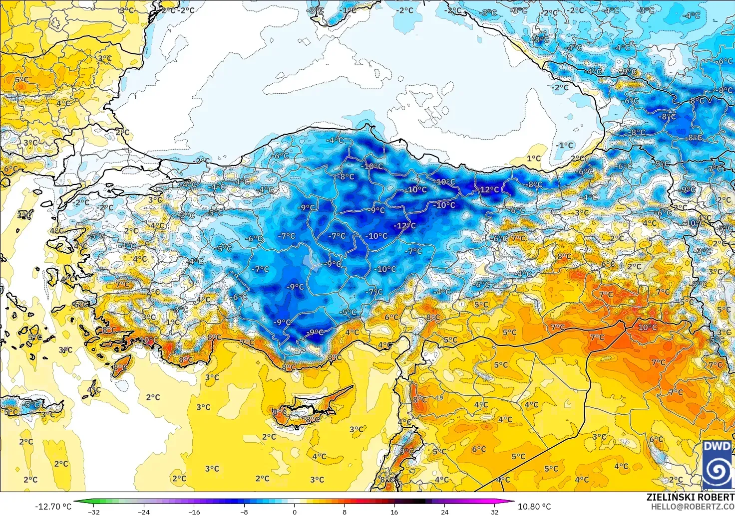 ICON modelo - Turquia, Anomalia de temperatura a 2 m
