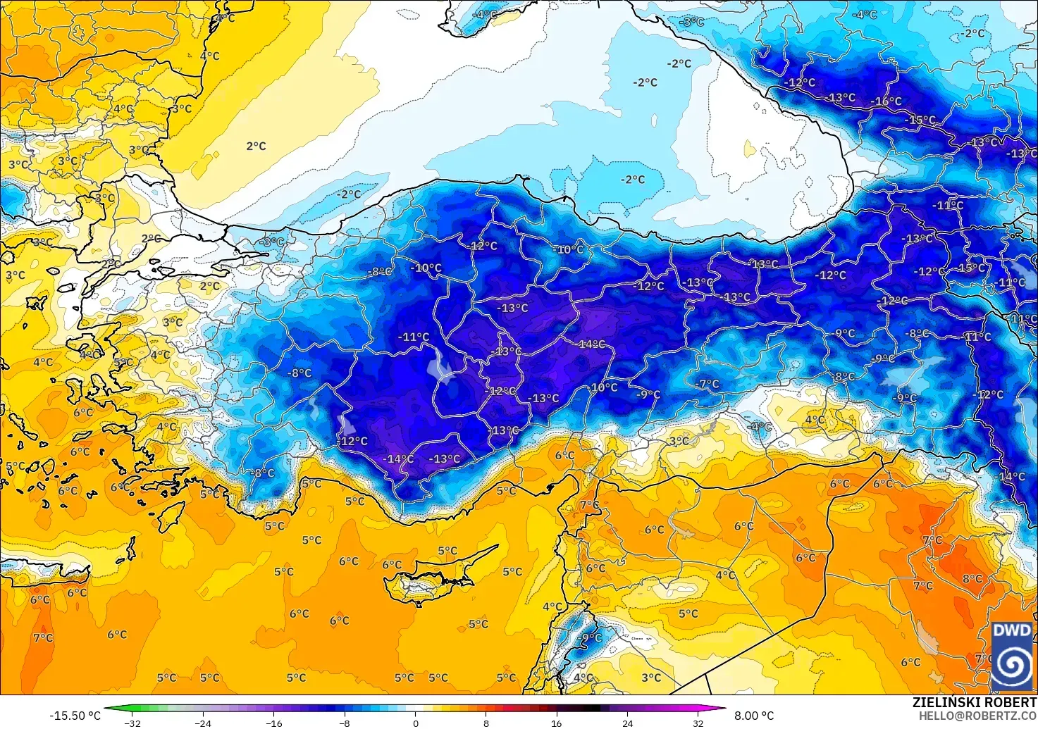 ICON modelo - Turquia, Anomalia de temperatura a 850 hPa