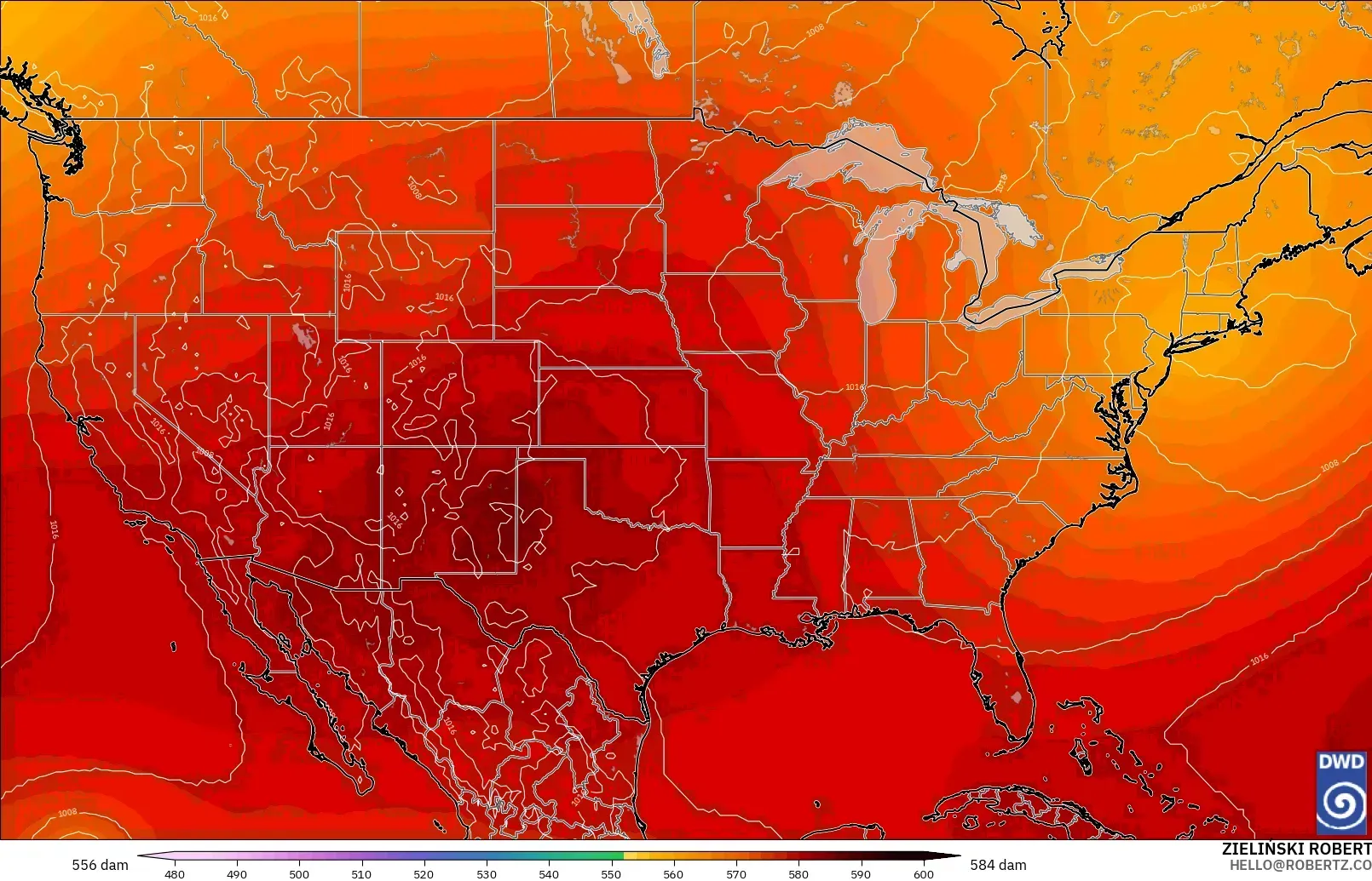 ICON modelo - Estados Unidos, Altura geopotencial a 500 hPa