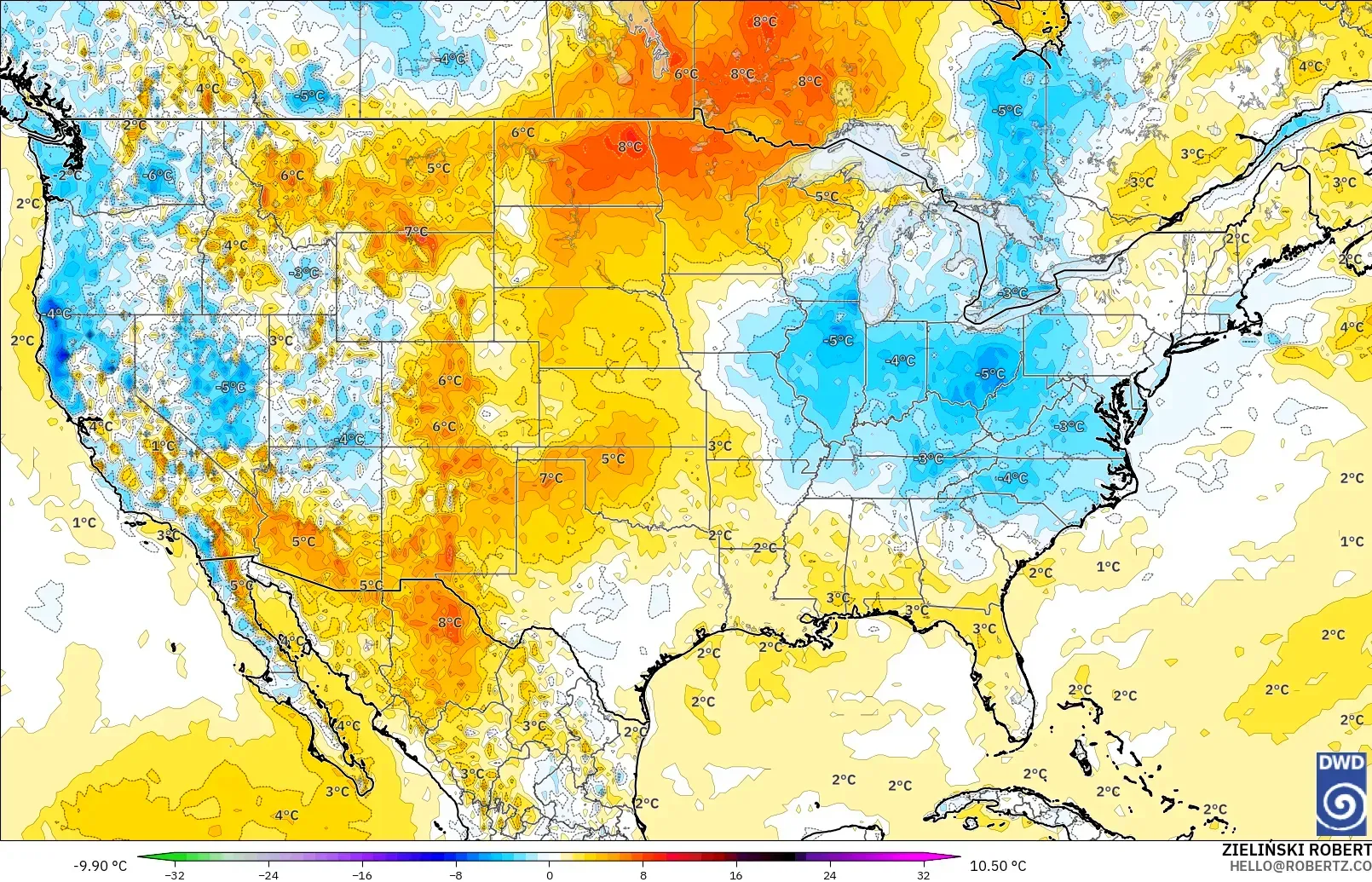 ICON modelo - Estados Unidos, Anomalia de temperatura a 2 m