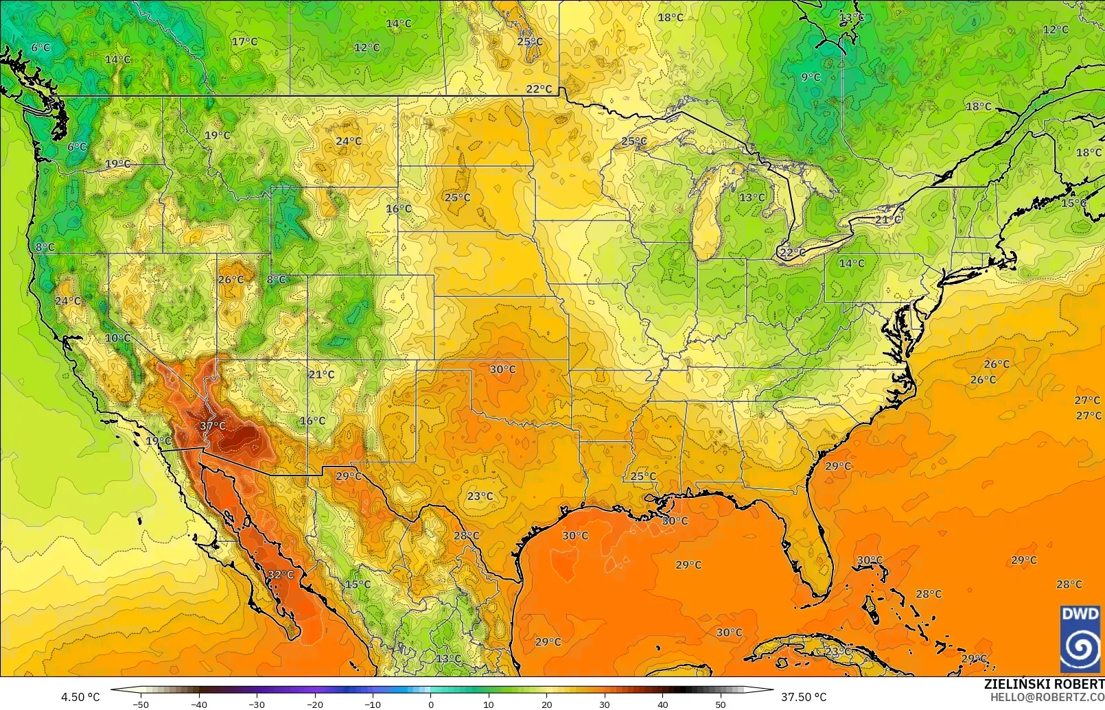 ICON modelo - Estados Unidos, Temperatura a 2 m