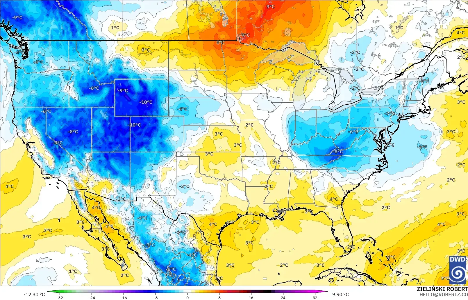 ICON modelo - Estados Unidos, Anomalia de temperatura a 850 hPa
